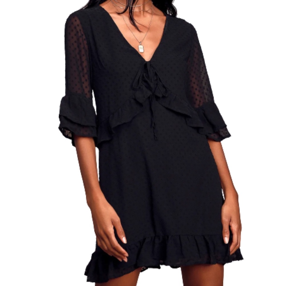 lulus favorite daydream black swiss dot mini dress